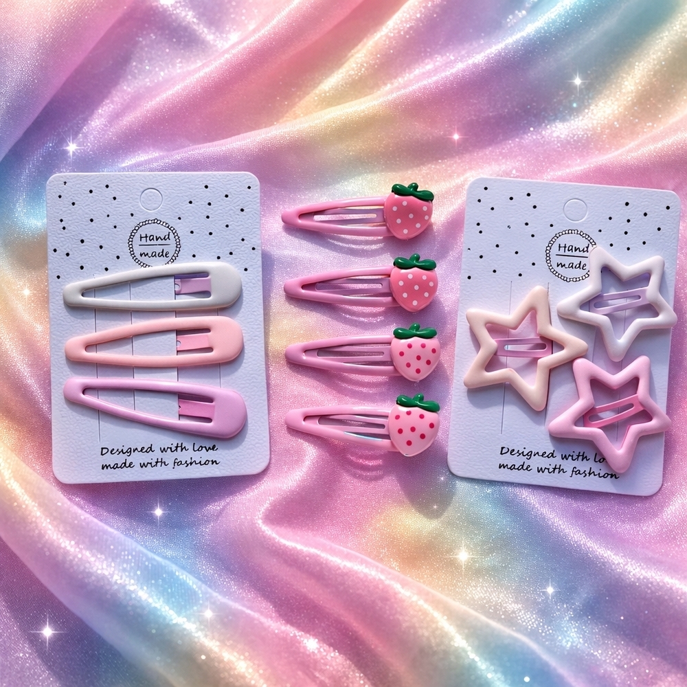 10pc Kawaii Hair Clip Set Strawberry & Stars Pink Barrette Set